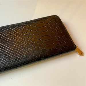 Neiman Marcus Black Crocodile-Embossed Faux Leather Continental Zip Wallet